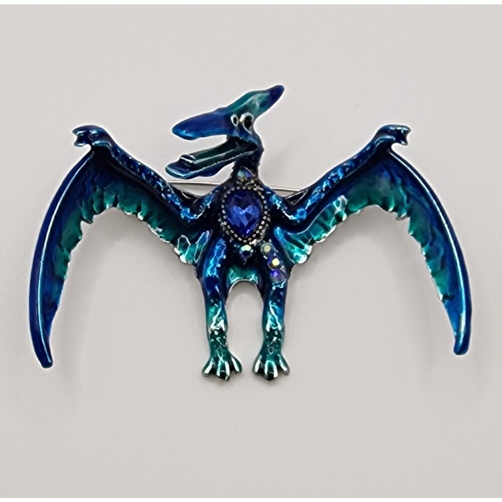 Pterosaur Brooch Extinct Flying Reptile Faux Jewel Rhinestone Enamel Blue Color